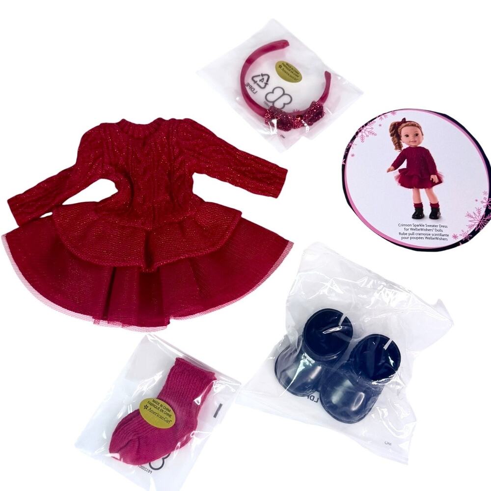 WellieWishers Crimson Sparkle Sweater Dress Headband Socks Boots American Girl